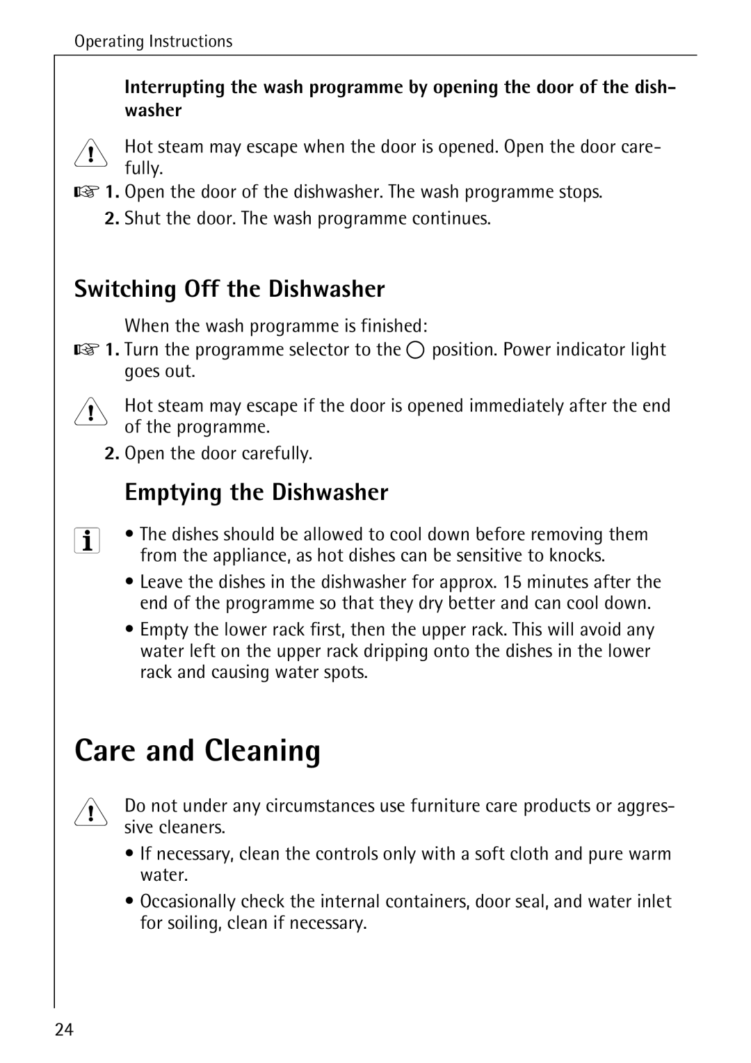 Electrolux FAVORIT 40310 manual Care and Cleaning, Switching Off the Dishwasher, Emptying the Dishwasher, Washer 