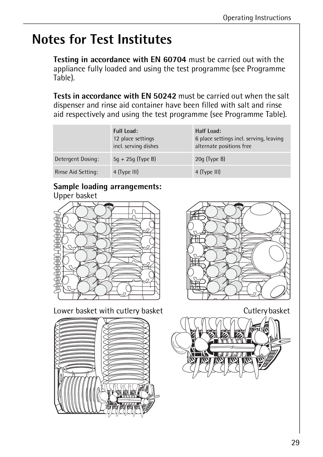 Electrolux FAVORIT 40310 manual Sample loading arrangements, Upper basket Lower basket with cutlery basket 