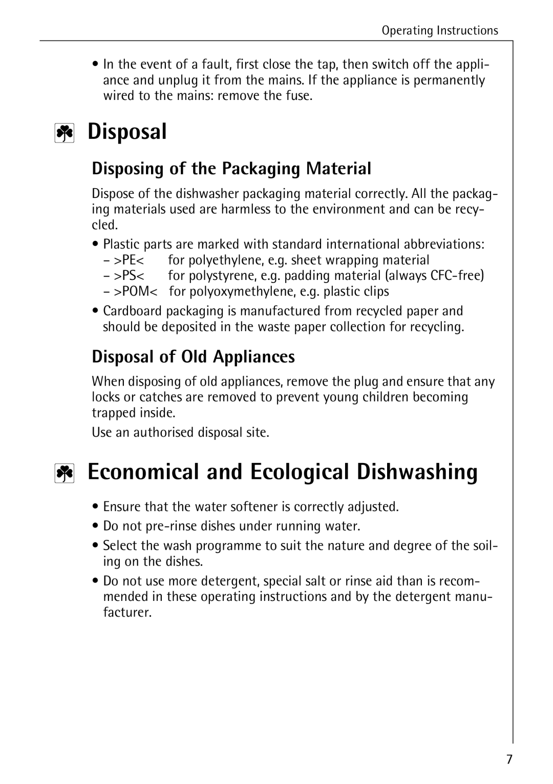 Electrolux FAVORIT 40310 manual Disposal, Economical and Ecological Dishwashing, Disposing of the Packaging Material 