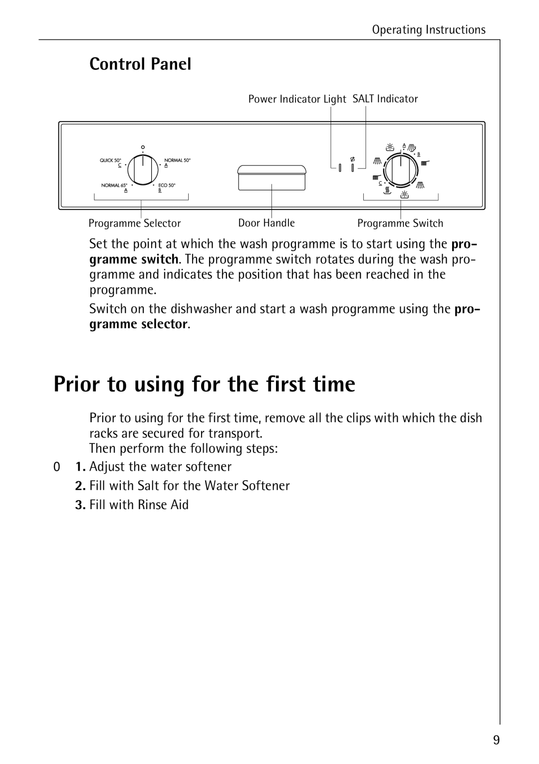 Electrolux FAVORIT 40310 manual Prior to using for the first time, Control Panel 