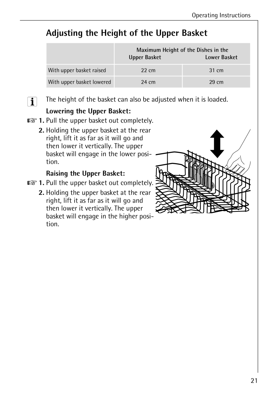Electrolux FAVORIT 40630 Adjusting the Height of the Upper Basket, Lowering the Upper Basket, Raising the Upper Basket 