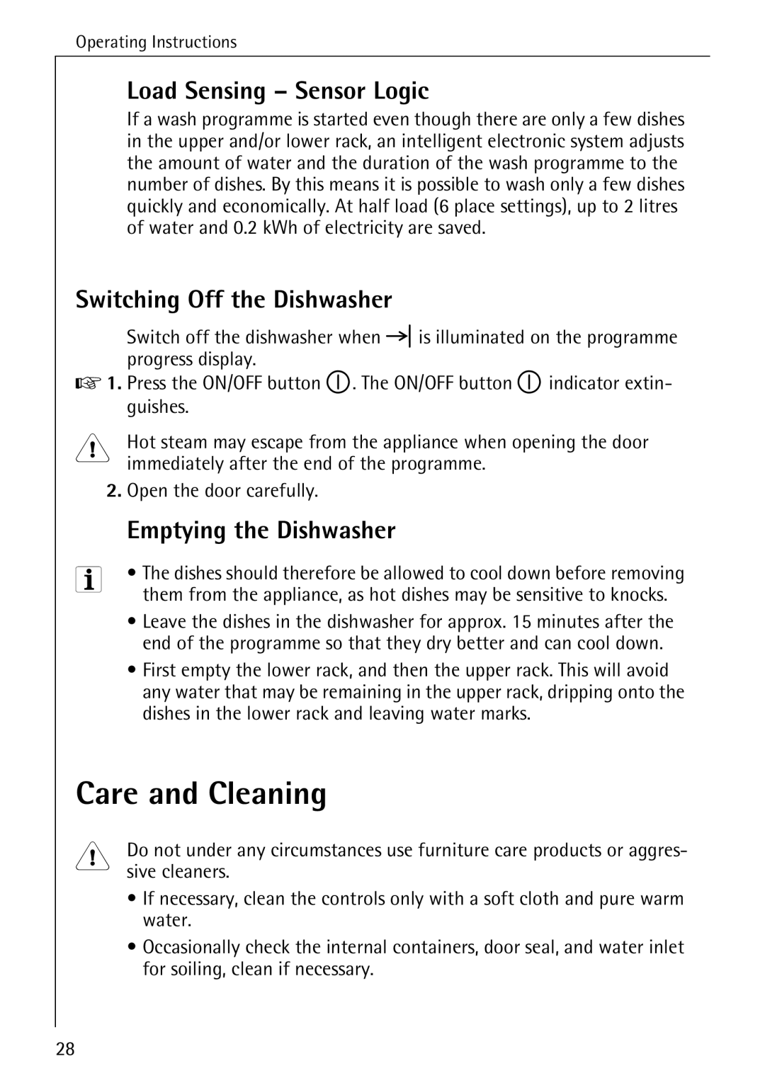 Electrolux FAVORIT 40630 manual Care and Cleaning, Load Sensing Sensor Logic, Switching Off the Dishwasher 