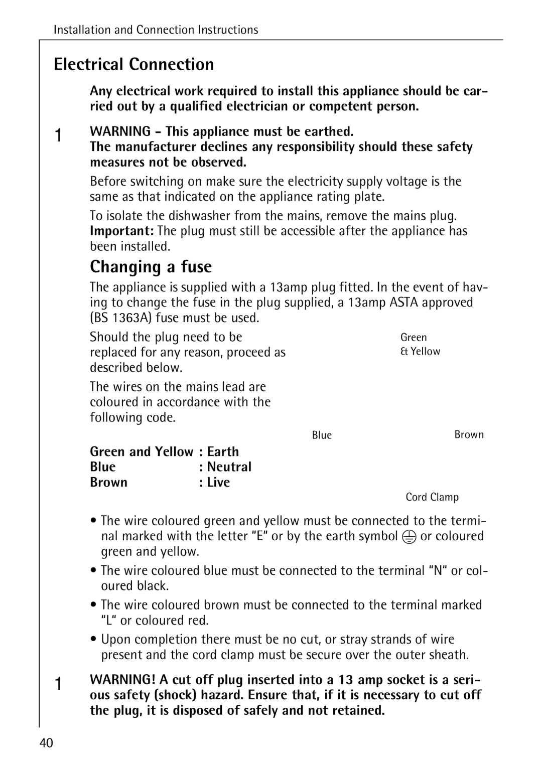 Electrolux FAVORIT 40630 manual Electrical Connection, Changing a fuse 