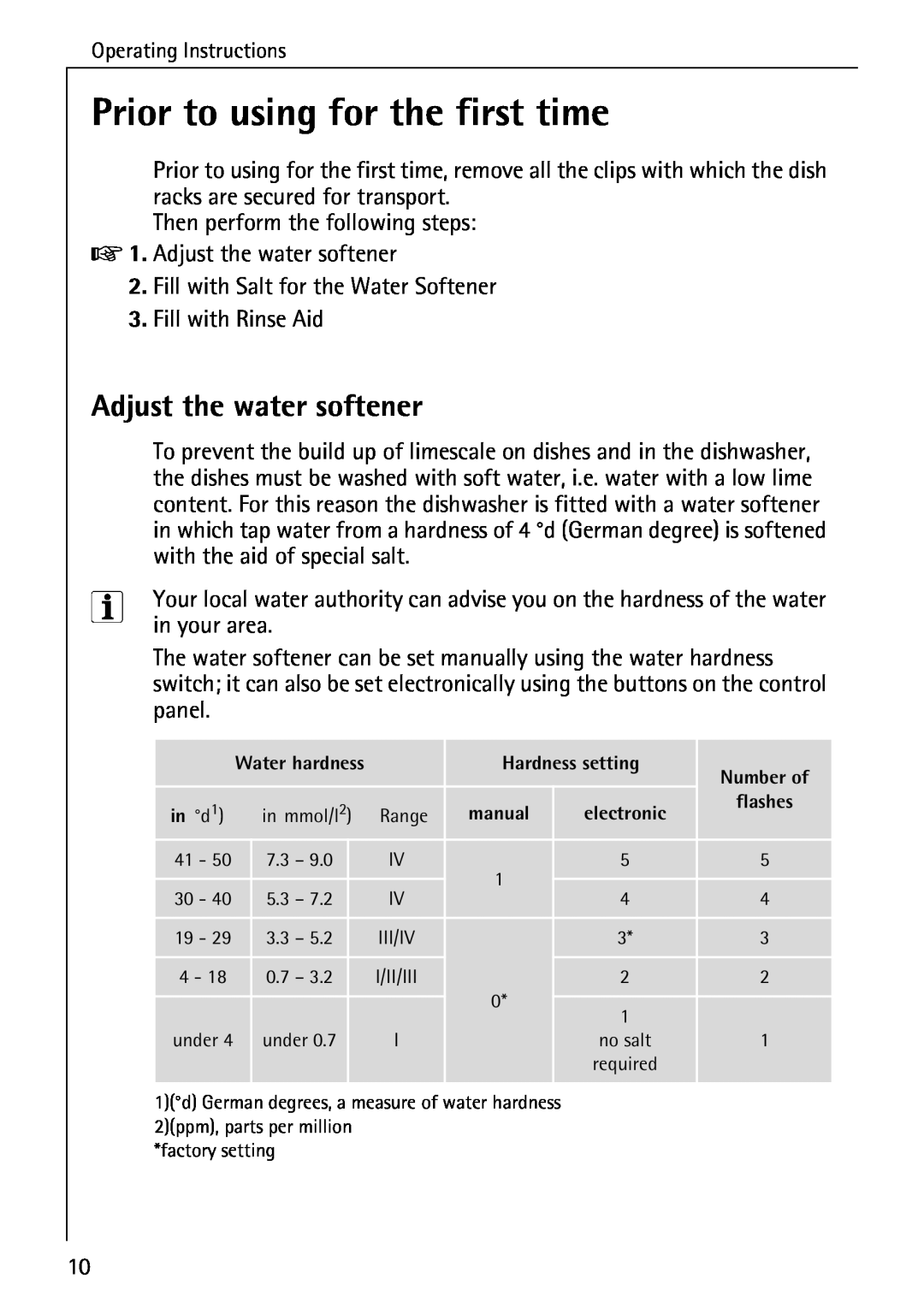 Electrolux FAVORIT 40630 manual Prior to using for the first time, Adjust the water softener 