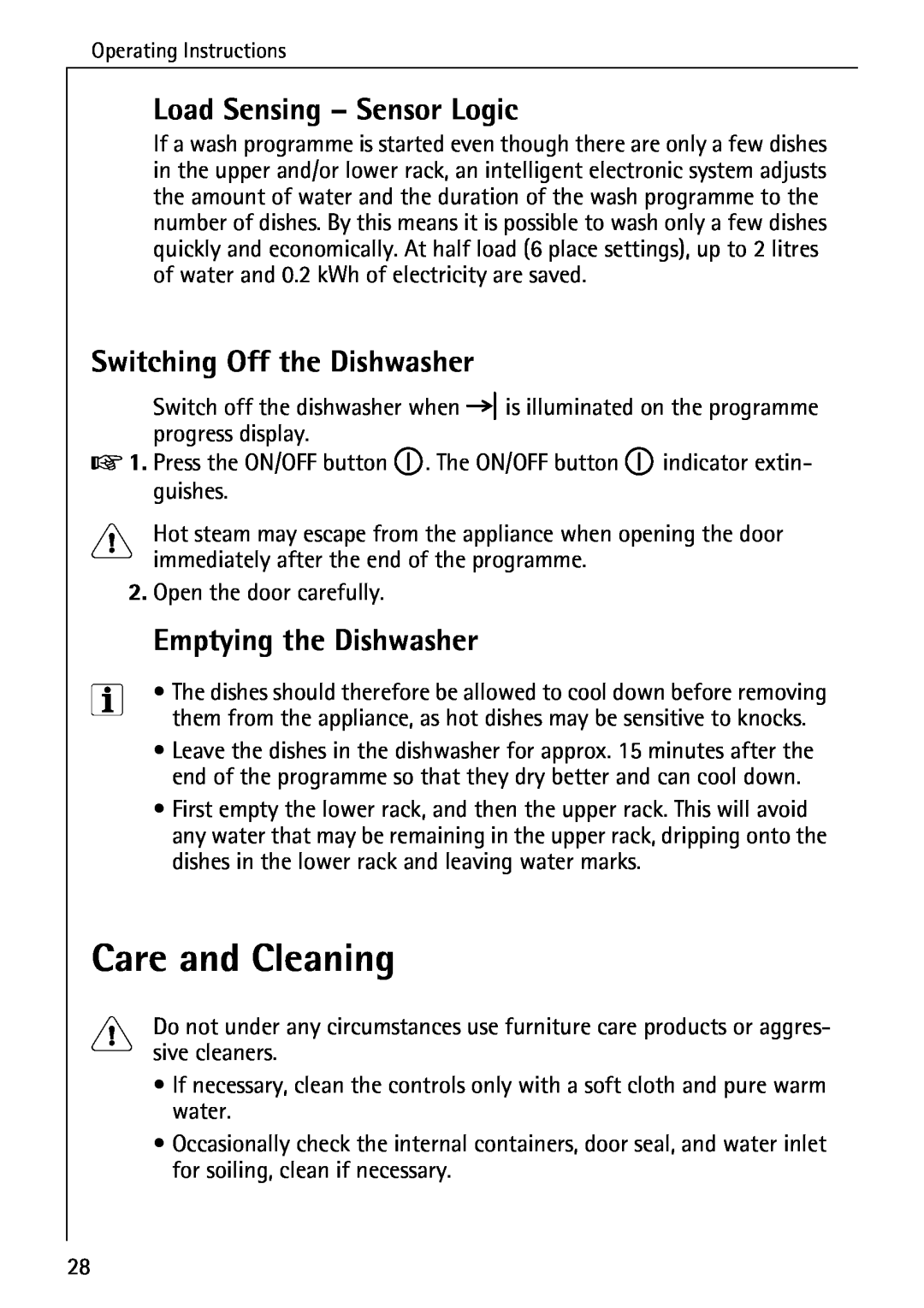 Electrolux FAVORIT 40630 manual Care and Cleaning, Load Sensing - Sensor Logic, Switching Off the Dishwasher 