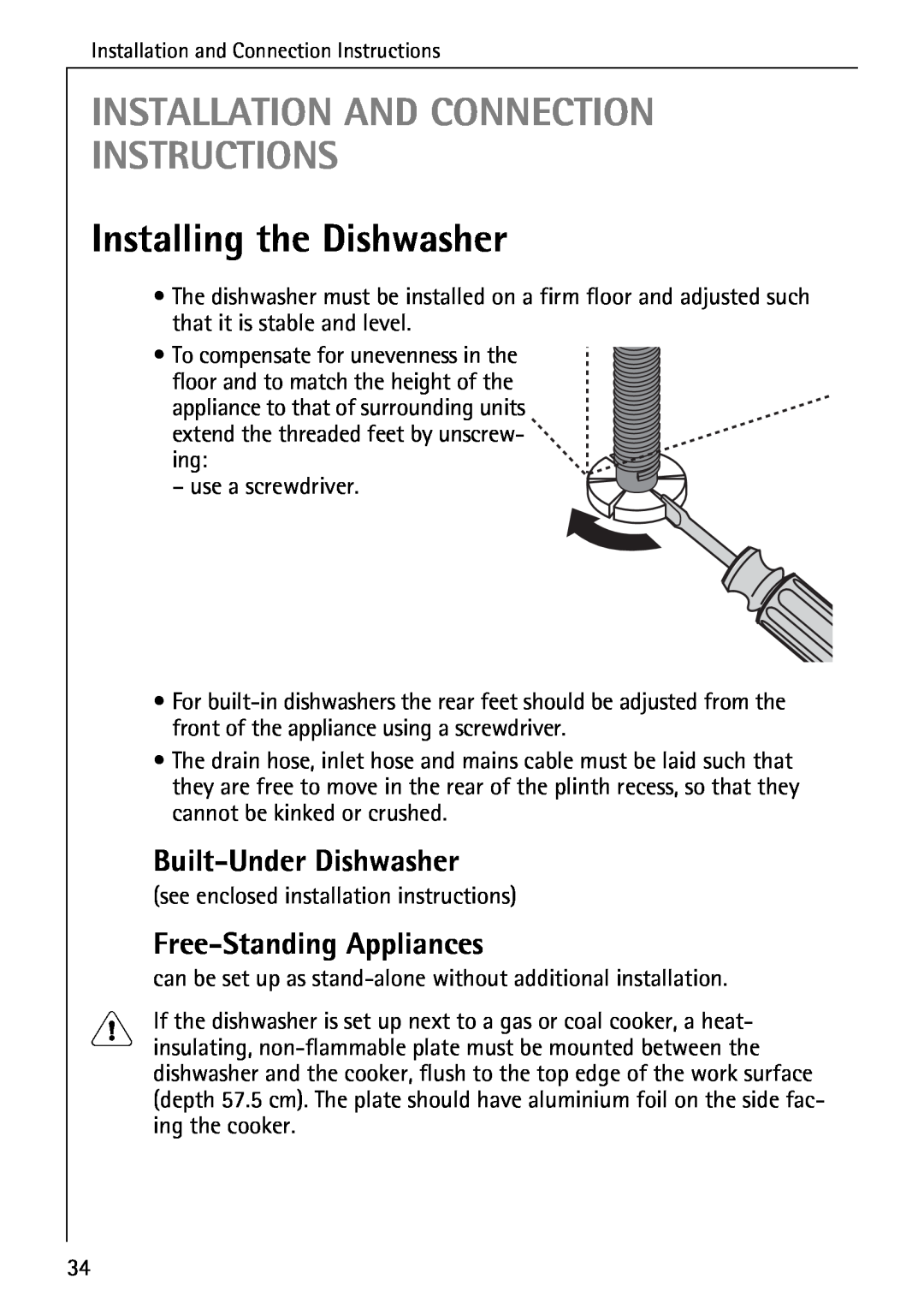 Electrolux FAVORIT 40630 manual Installation And Connection Instructions, Installing the Dishwasher, Built-Under Dishwasher 