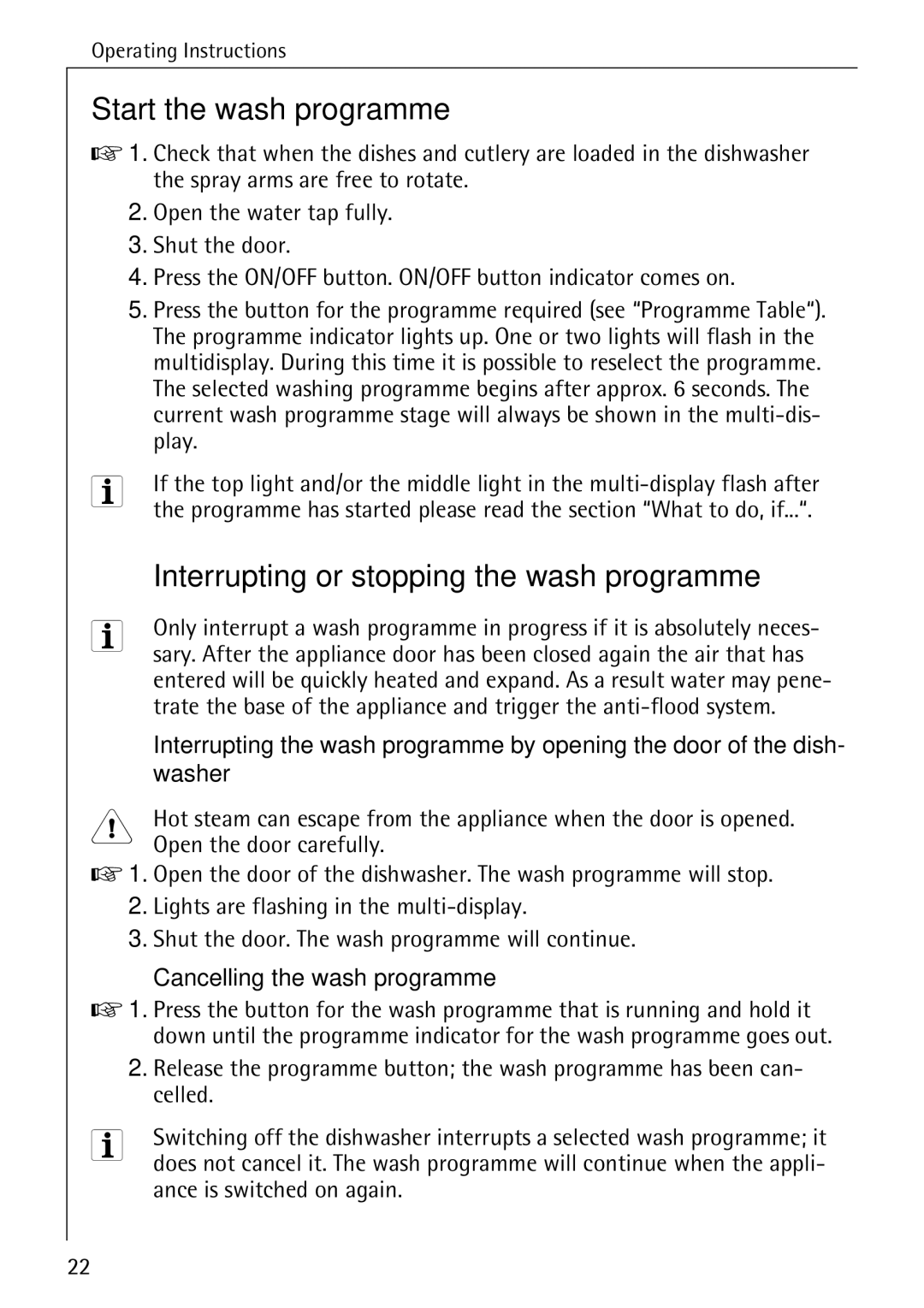 Electrolux FAVORIT 40660 i manual Start the wash programme, Interrupting or stopping the wash programme, Washer 