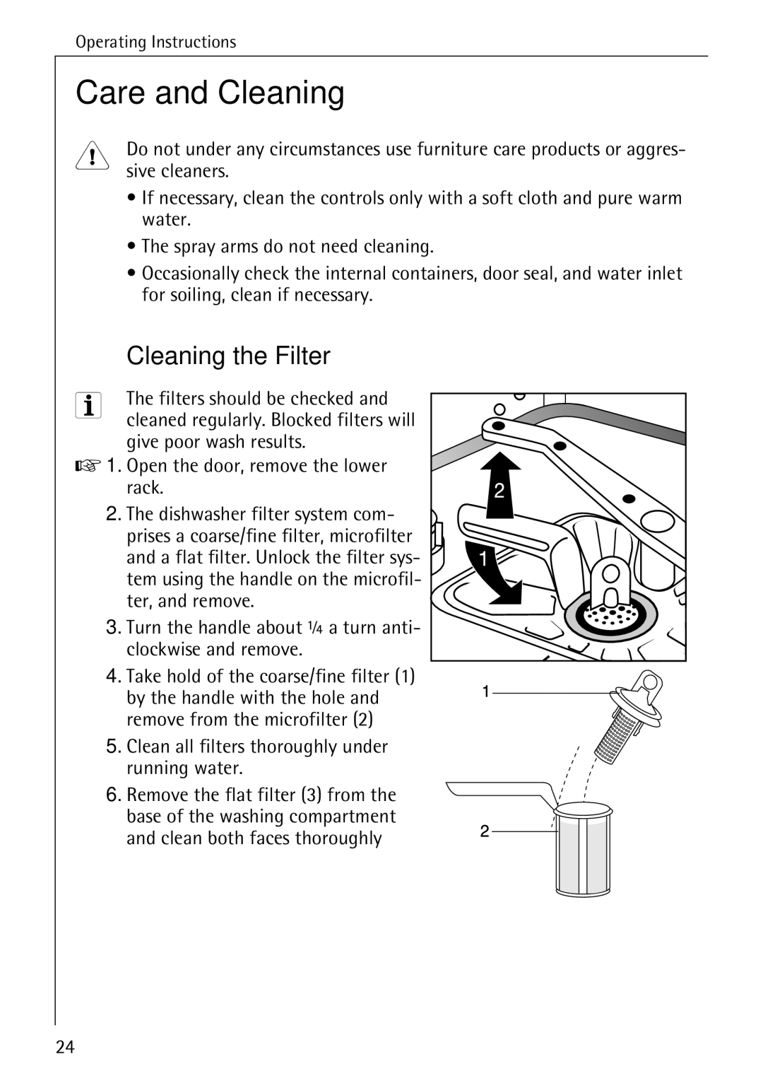 Electrolux FAVORIT 40660 i manual Care and Cleaning, Cleaning the Filter 