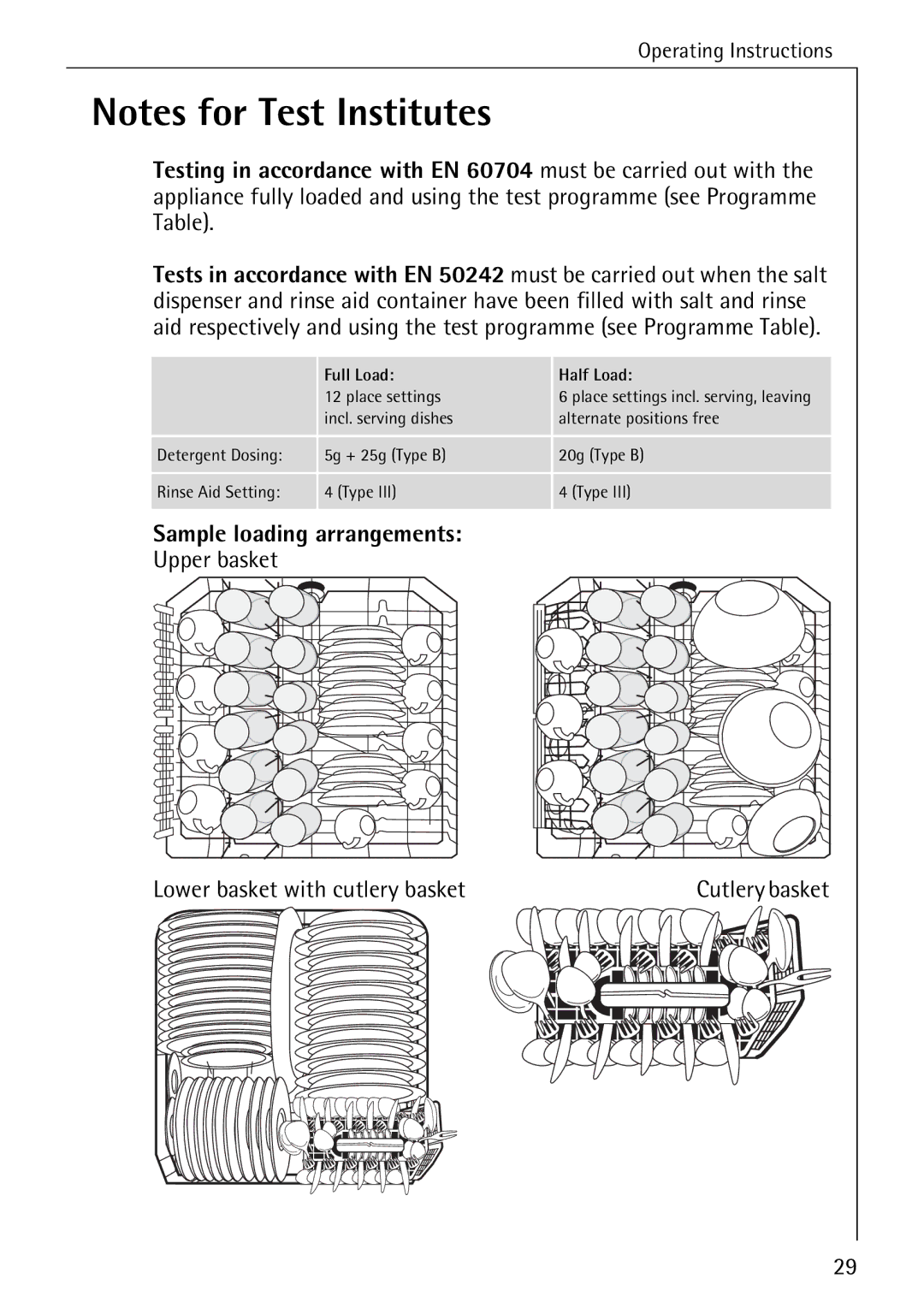 Electrolux FAVORIT 40660 i manual Sample loading arrangements, Upper basket Lower basket with cutlery basket 