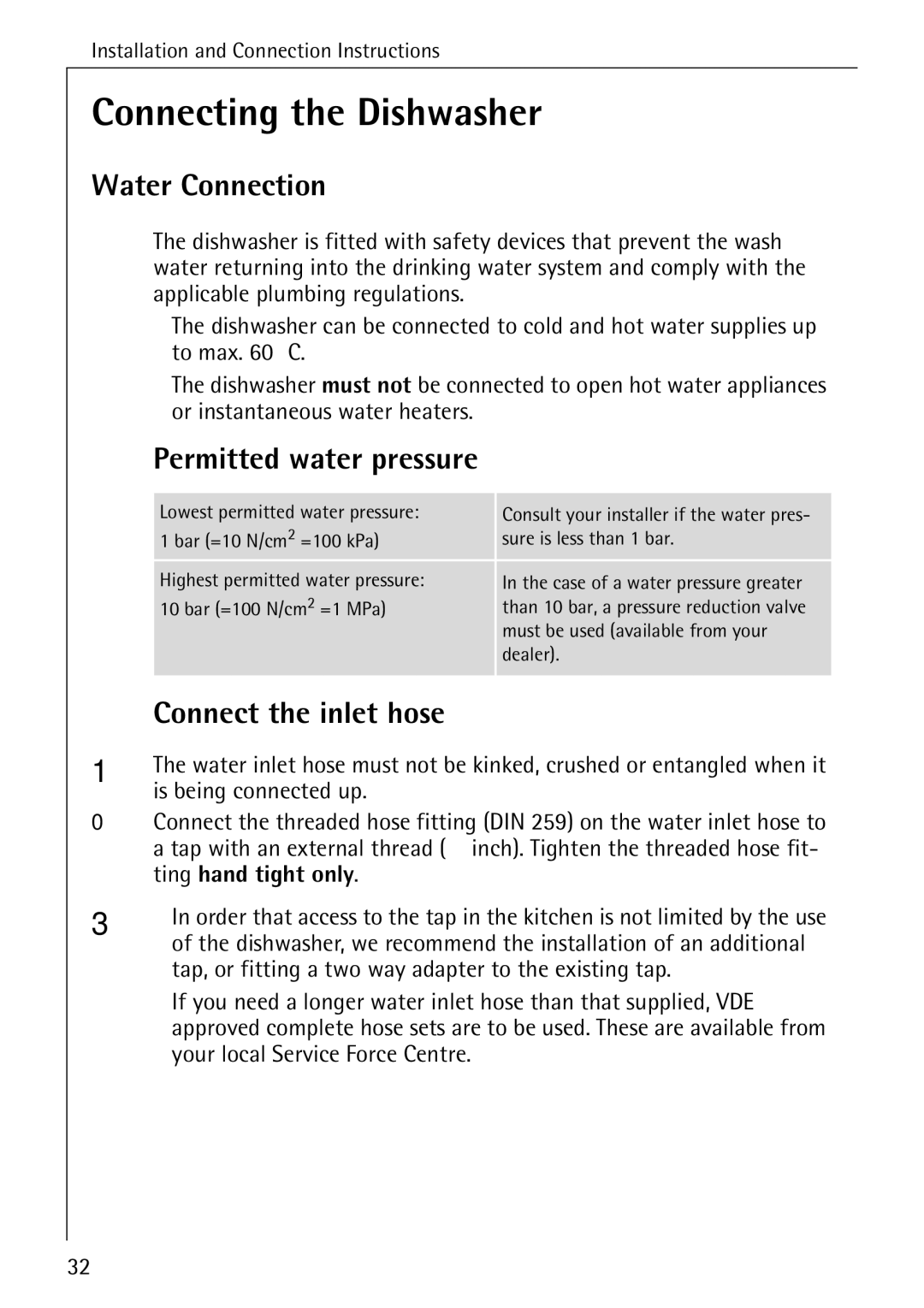 Electrolux FAVORIT 40660 i Connecting the Dishwasher, Water Connection, Permitted water pressure, Connect the inlet hose 