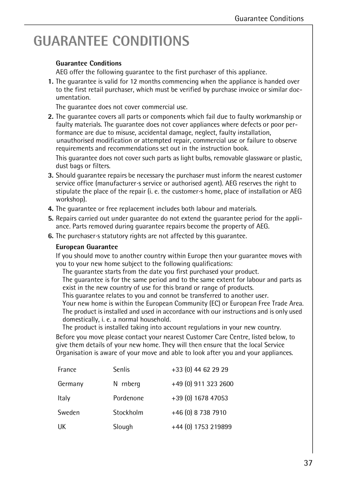 Electrolux FAVORIT 40660 i manual Guarantee Conditions 