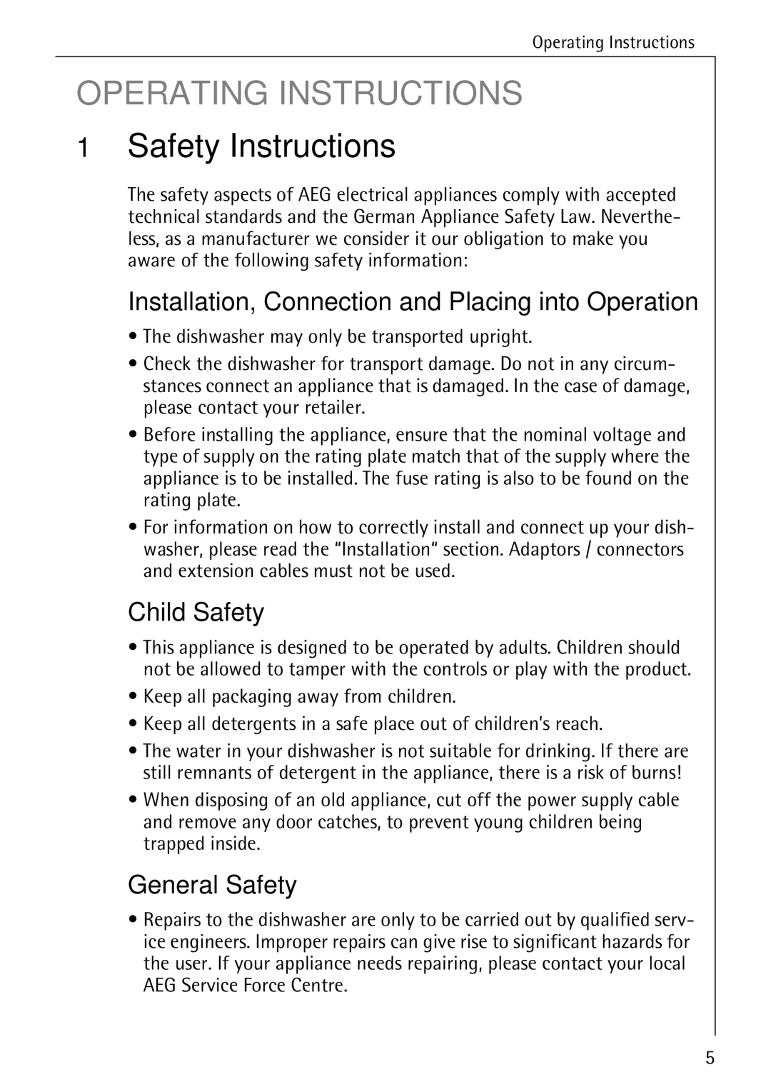 Electrolux FAVORIT 40660 i manual Safety Instructions, Installation, Connection and Placing into Operation, Child Safety 