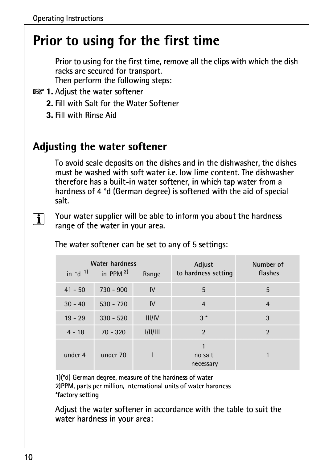 Electrolux FAVORIT 40660 i manual Prior to using for the first time, Adjusting the water softener 