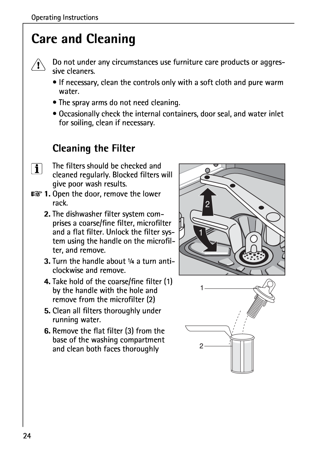 Electrolux FAVORIT 40660 i manual Care and Cleaning, Cleaning the Filter 