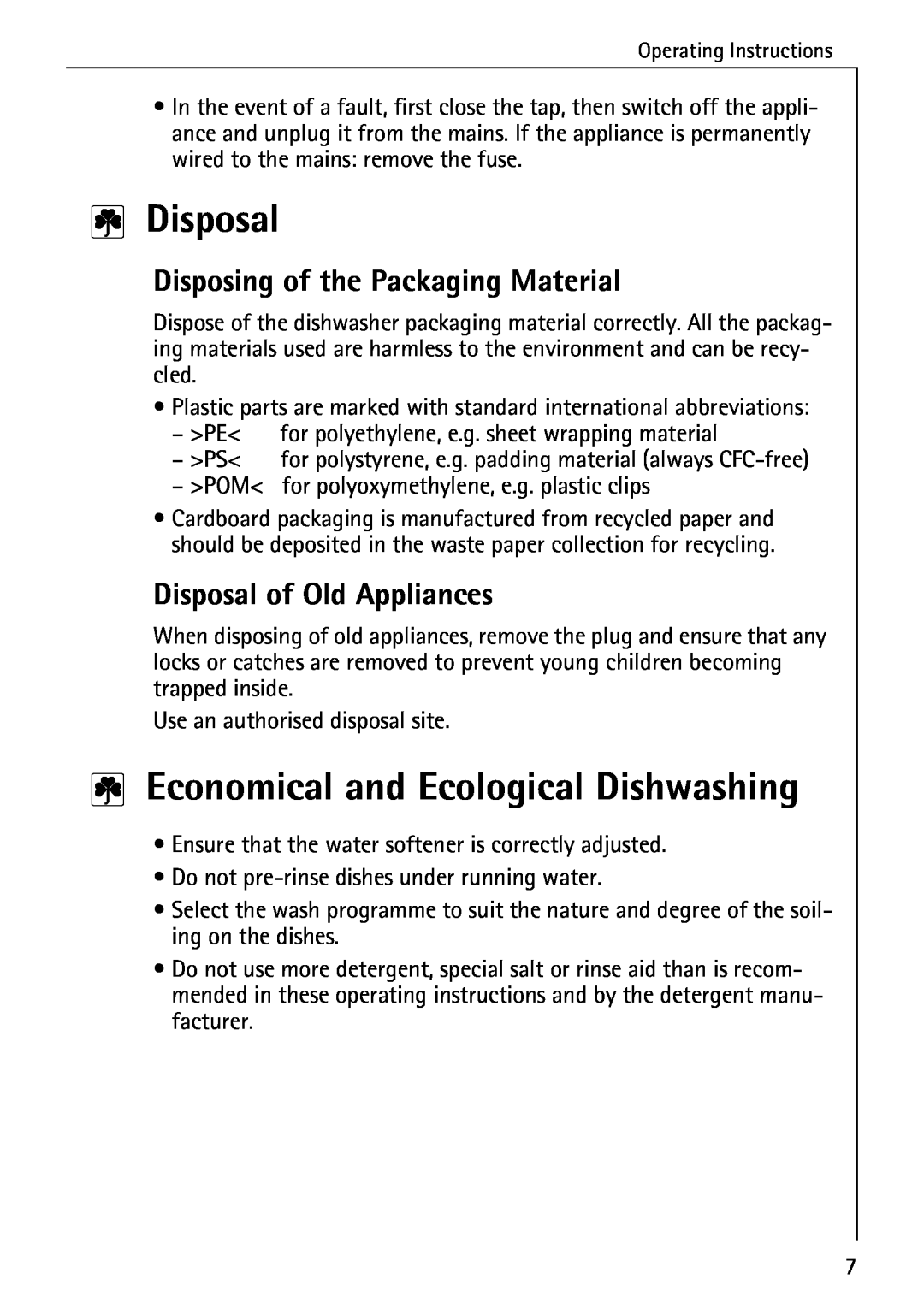 Electrolux FAVORIT 40660 i manual Disposal, Economical and Ecological Dishwashing, Disposing of the Packaging Material 