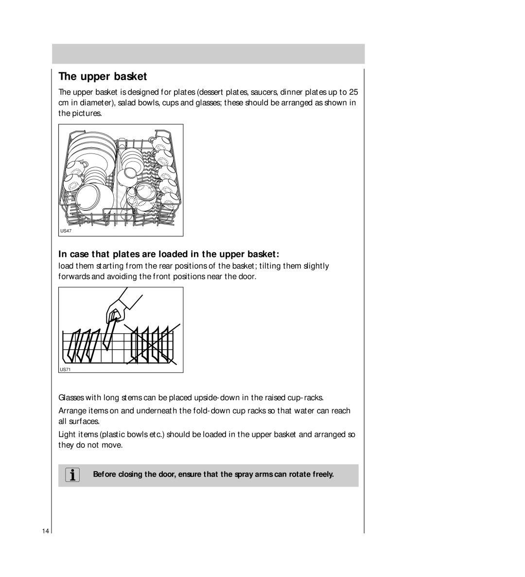 Electrolux FAVORIT 42300 operating instructions Upper basket, Case that plates are loaded in the upper basket 