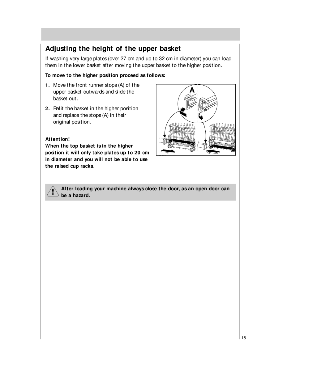 Electrolux FAVORIT 42300 Adjusting the height of the upper basket, To move to the higher position proceed as follows 