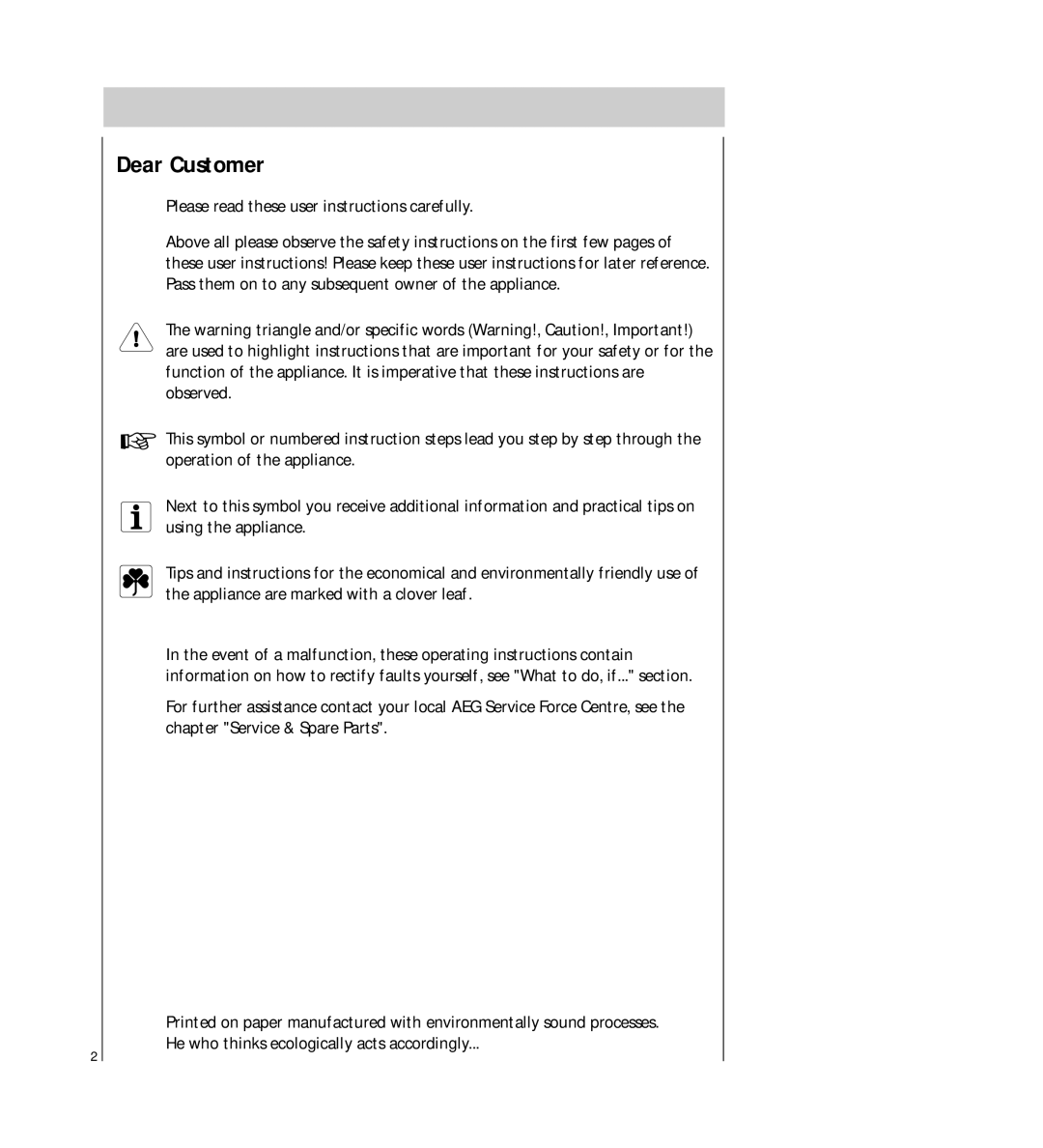 Electrolux FAVORIT 42300 operating instructions Dear Customer 