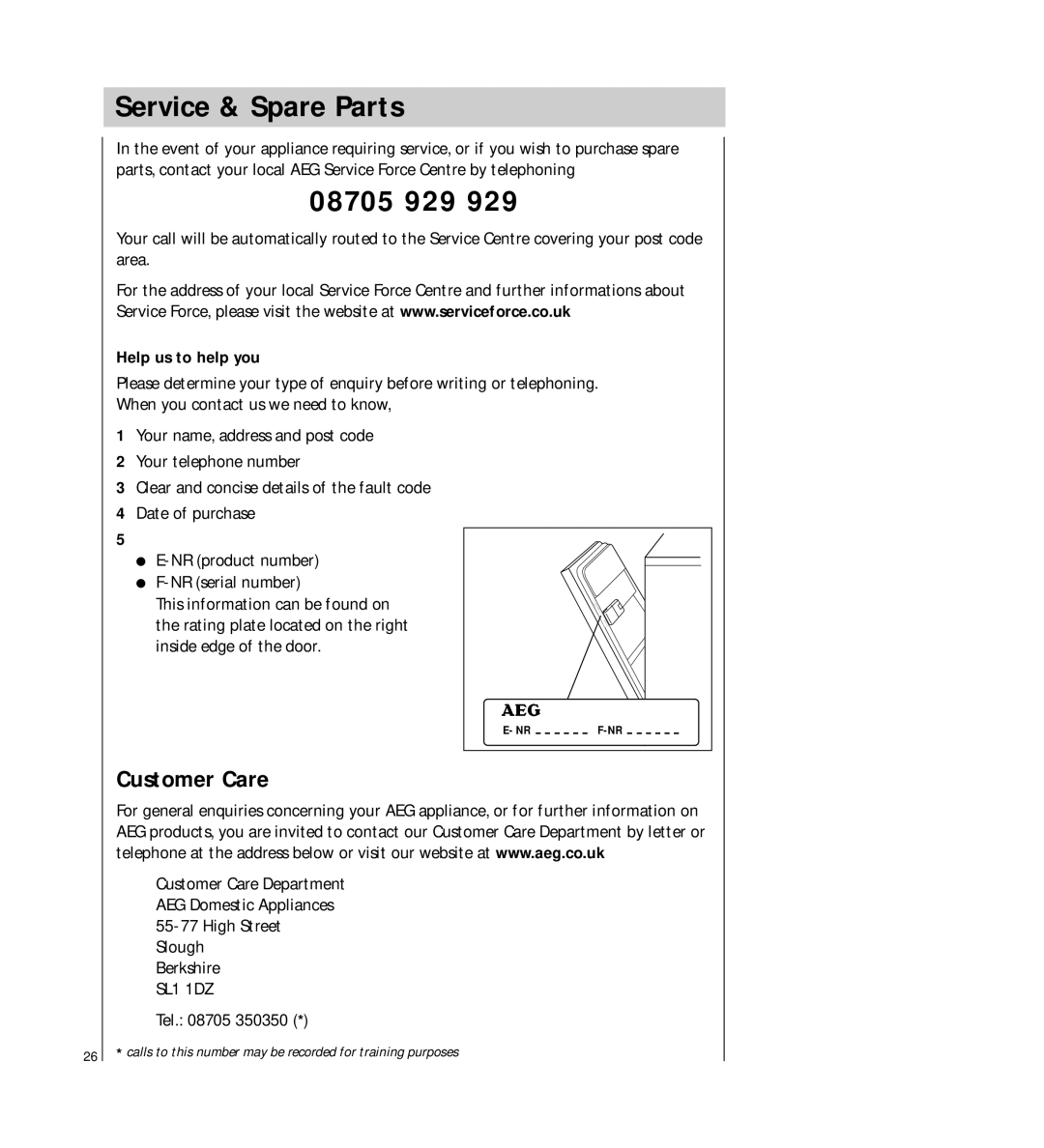 Electrolux FAVORIT 42300 operating instructions Service & Spare Parts, 08705 929, Customer Care, Help us to help you 