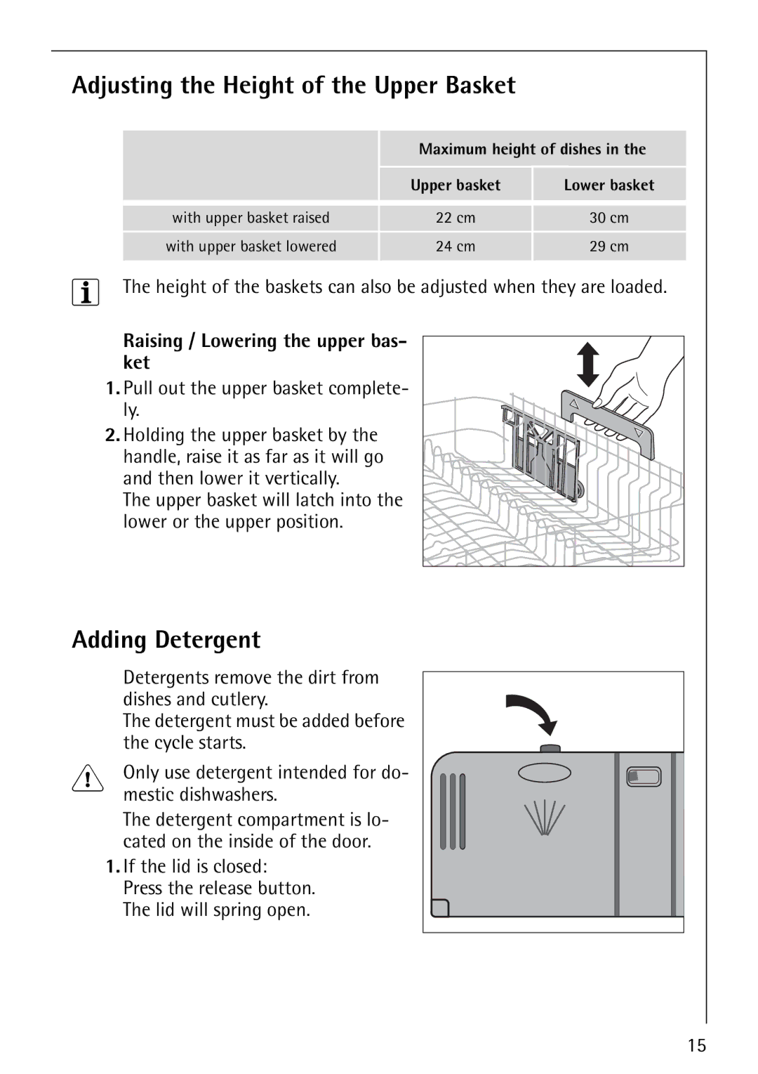 Electrolux FAVORIT 44080 i manual Adjusting the Height of the Upper Basket, Adding Detergent 