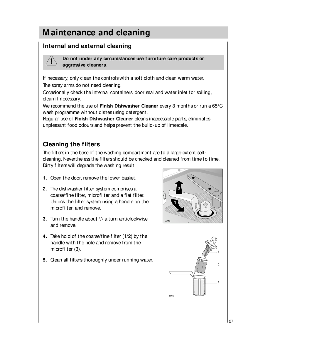 Electrolux FAVORIT 44740 manual Maintenance and cleaning, Internal and external cleaning, Cleaning the filters 