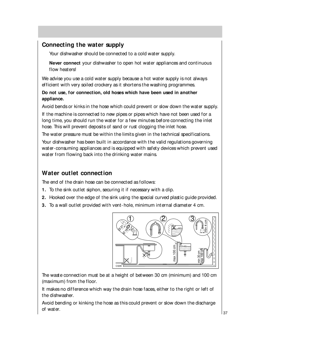 Electrolux FAVORIT 44740 manual Connecting the water supply, Water outlet connection 