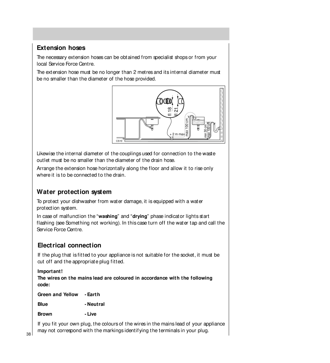 Electrolux FAVORIT 44740 manual Extension hoses, Water protection system, Electrical connection 