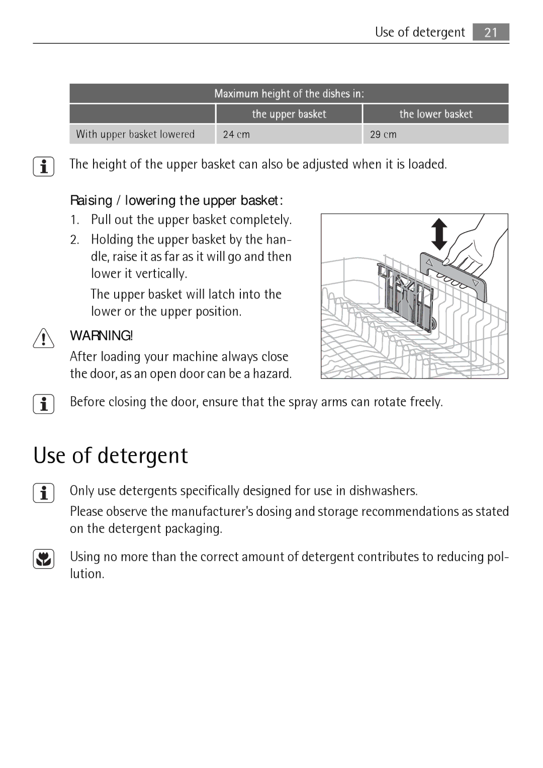 Electrolux FAVORIT 50871 user manual Use of detergent, Raising / lowering the upper basket 