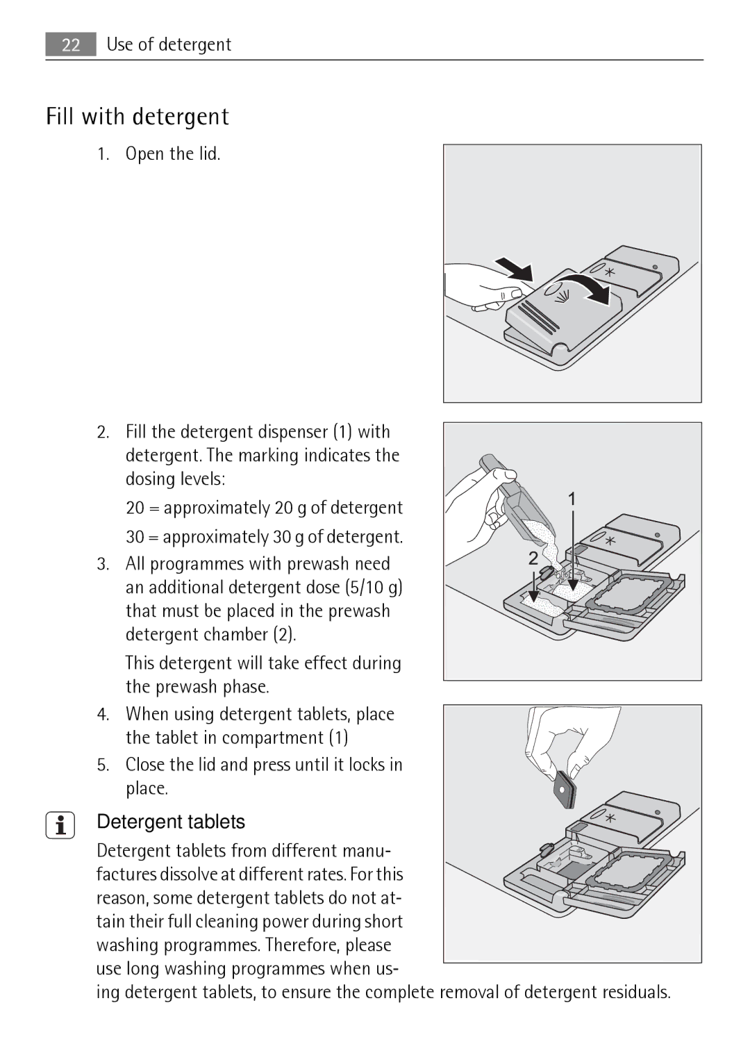 Electrolux FAVORIT 50871 user manual Fill with detergent, Detergent tablets 