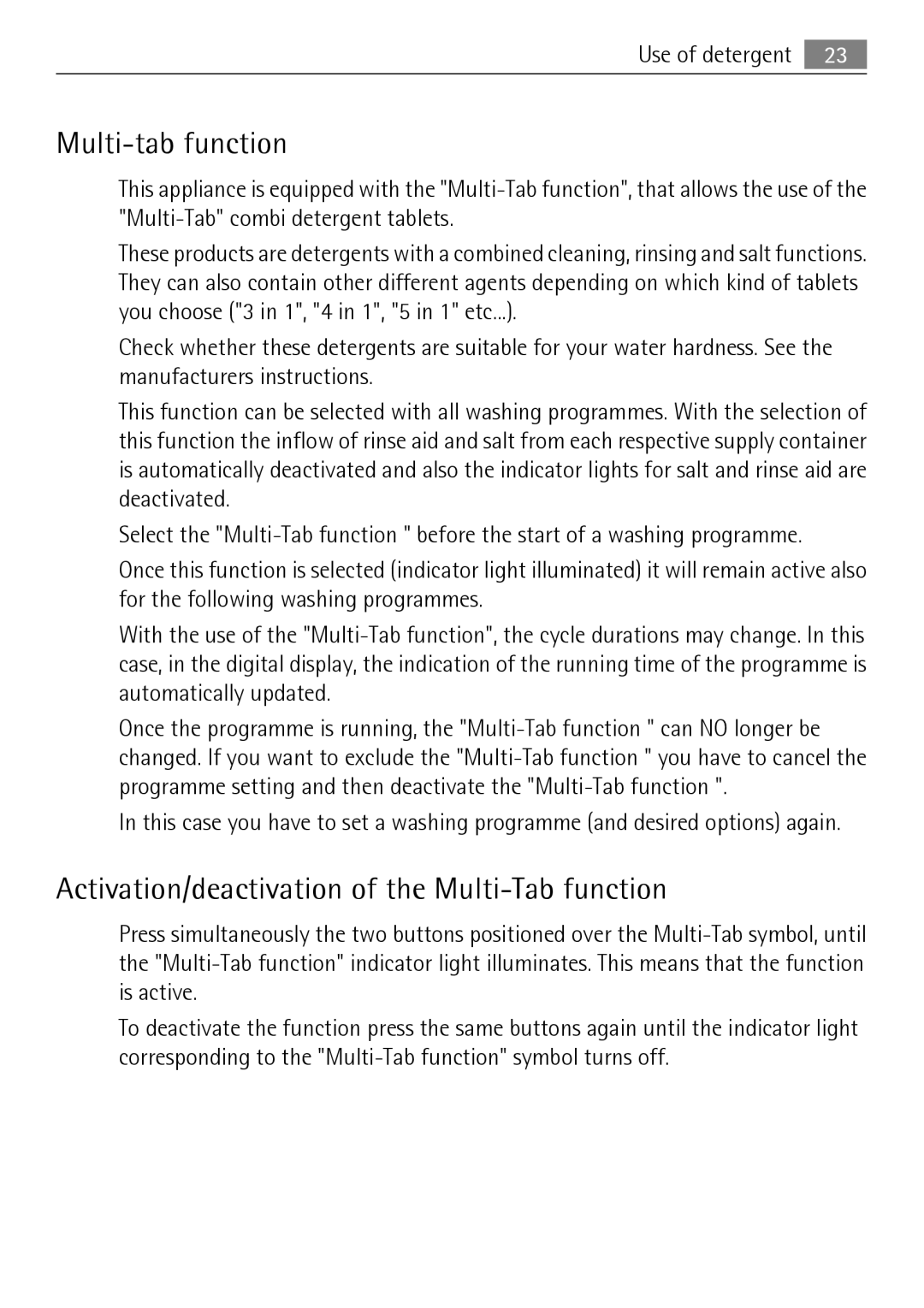 Electrolux FAVORIT 50871 user manual Multi-tab function, Activation/deactivation of the Multi-Tab function 