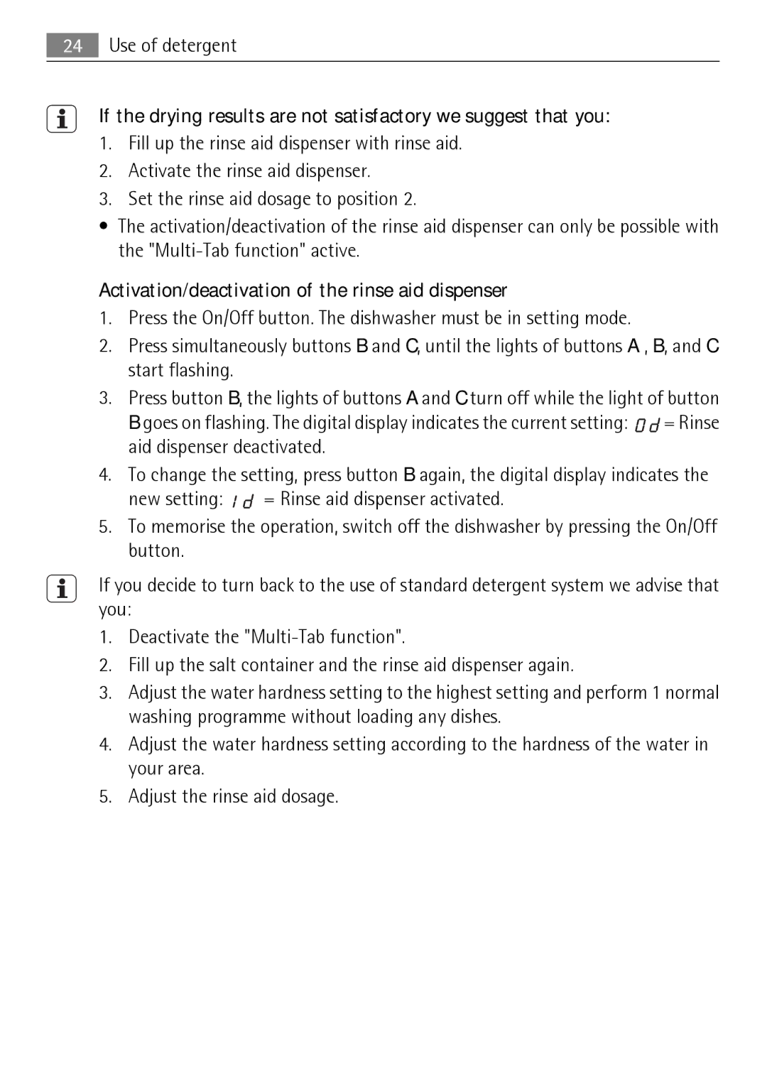 Electrolux FAVORIT 50871 user manual Activation/deactivation of the rinse aid dispenser 