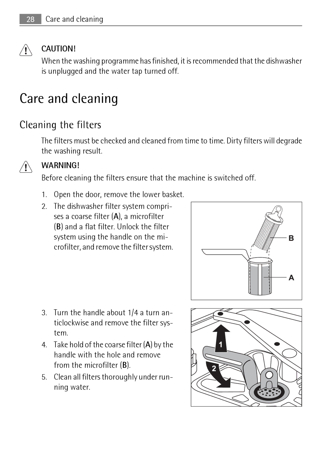 Electrolux FAVORIT 50871 user manual Care and cleaning, Cleaning the filters 