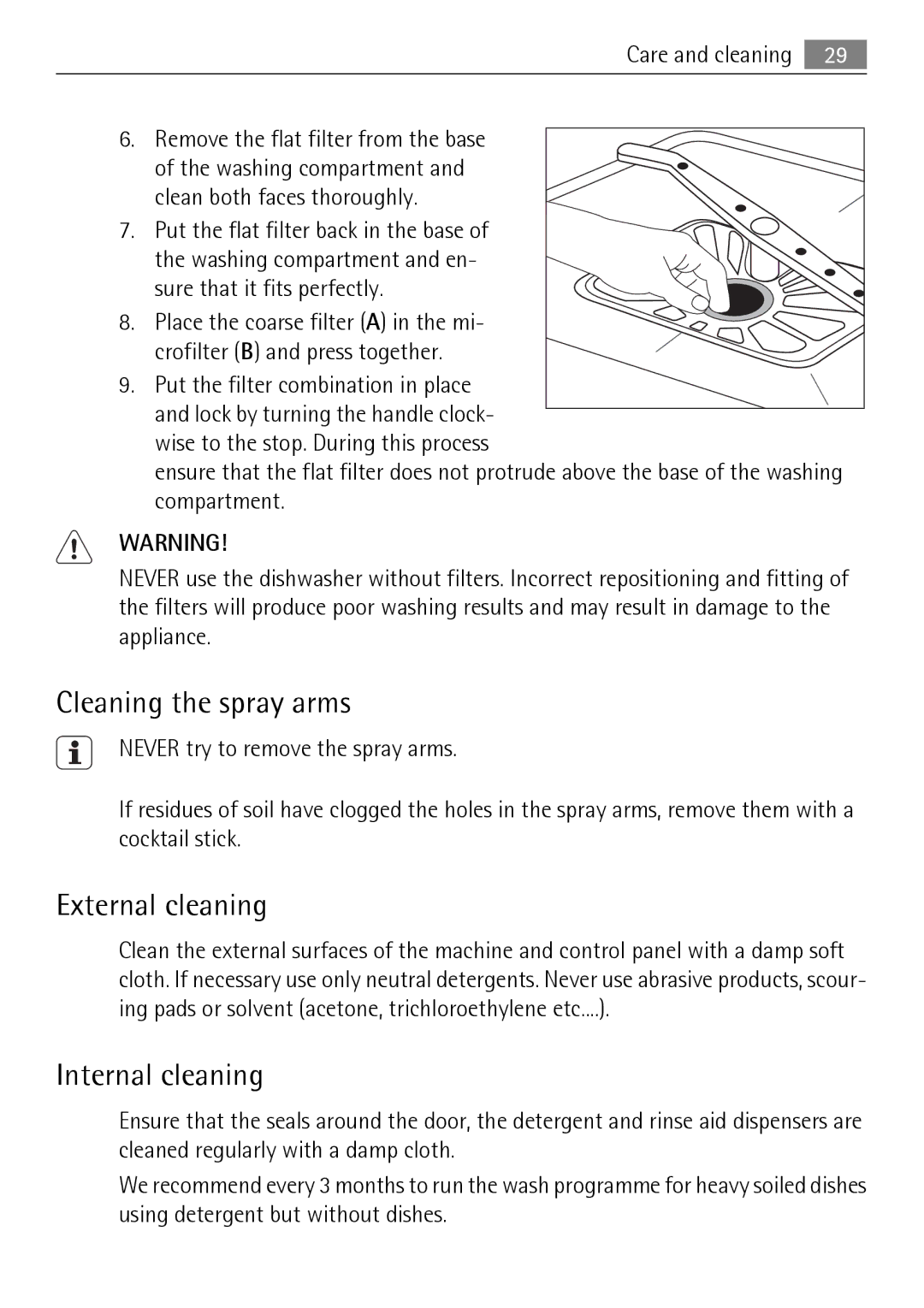 Electrolux FAVORIT 50871 user manual Cleaning the spray arms, External cleaning, Internal cleaning 