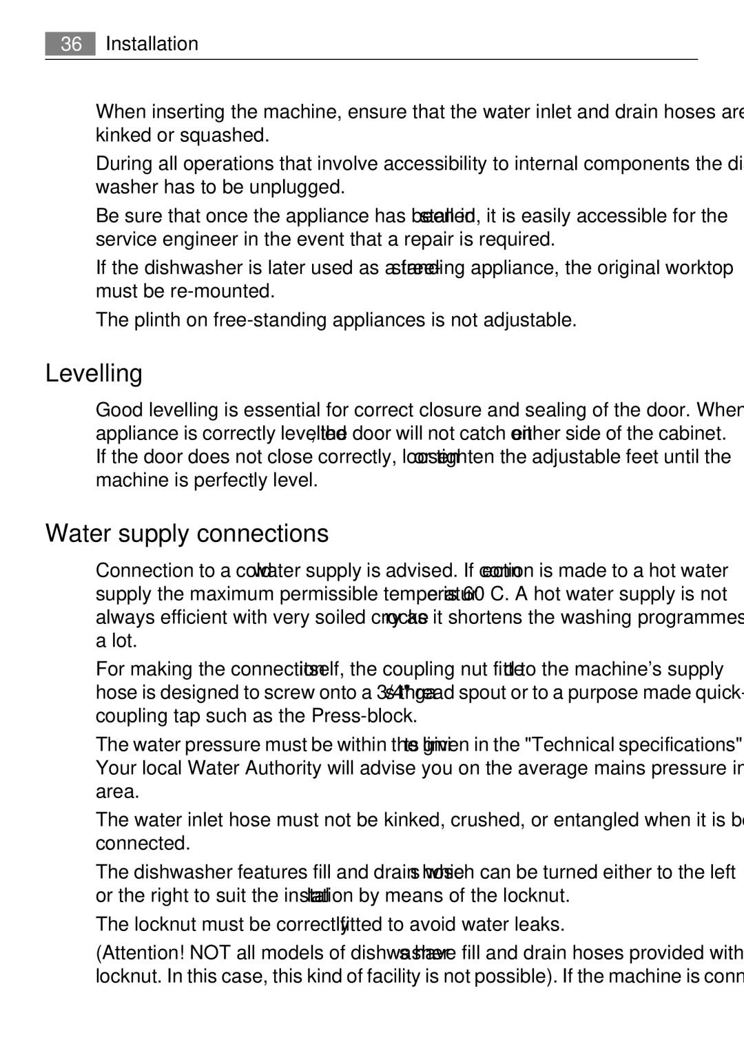 Electrolux FAVORIT 50871 Levelling, Water supply connections, Locknut must be correctly fitted to avoid water leaks 