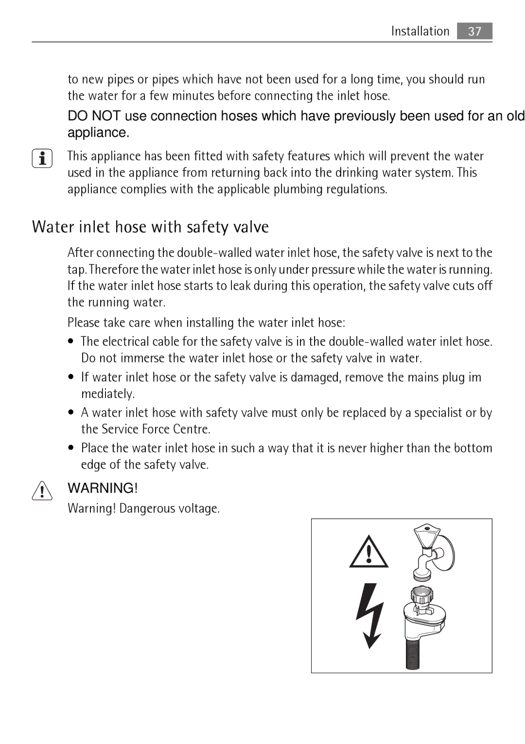 Electrolux FAVORIT 50871 user manual Water inlet hose with safety valve 