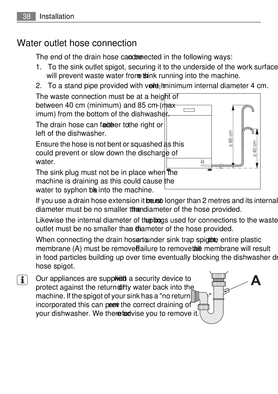 Electrolux FAVORIT 50871 user manual Water outlet hose connection, Water to syphon back into the machine 