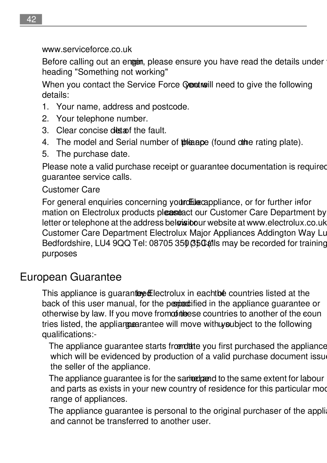 Electrolux FAVORIT 50871 user manual European Guarantee, Customer Care 