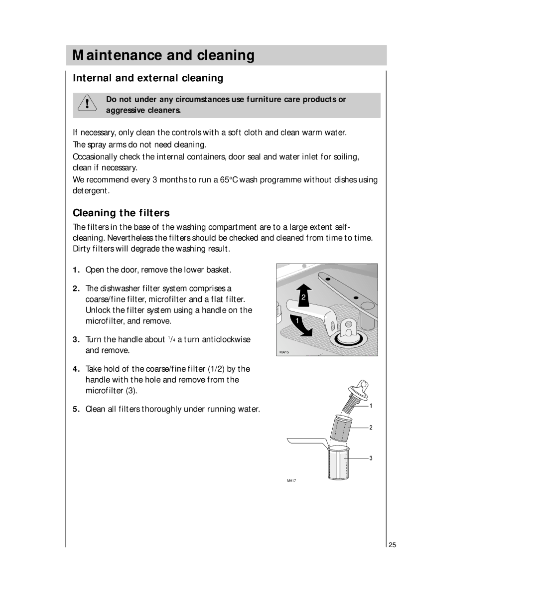 Electrolux FAVORIT 54730 manual Maintenance and cleaning, Internal and external cleaning, Cleaning the filters 