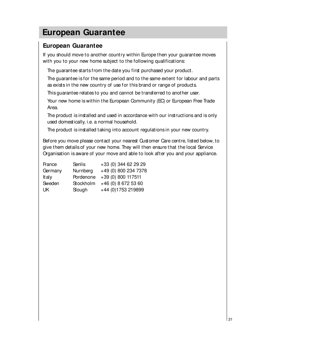 Electrolux FAVORIT 54730 manual European Guarantee 