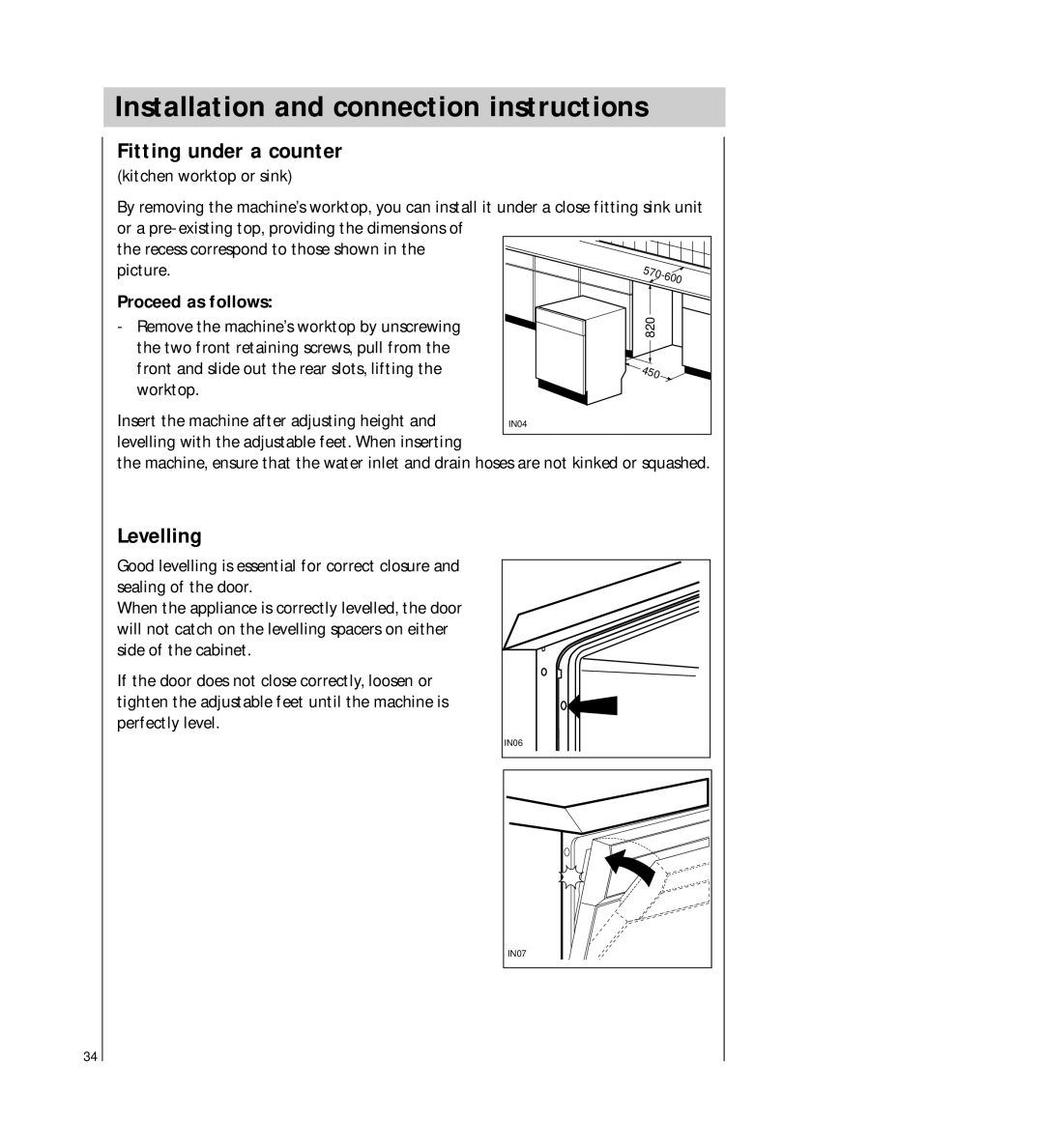 Electrolux FAVORIT 54730 manual Installation and connection instructions, Fitting under a counter, Levelling 