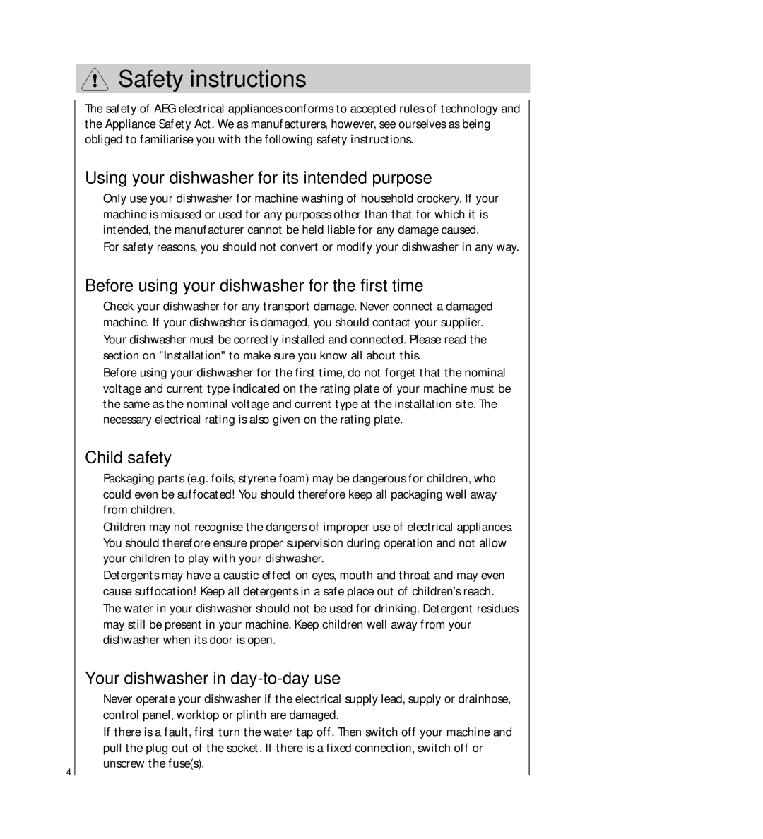 Electrolux FAVORIT 54730 manual Safety instructions, Using your dishwasher for its intended purpose, Child safety 