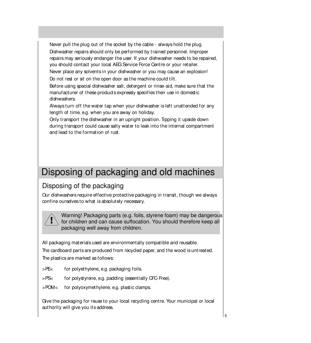 Electrolux FAVORIT 54730 manual Disposing of packaging and old machines, Disposing of the packaging 