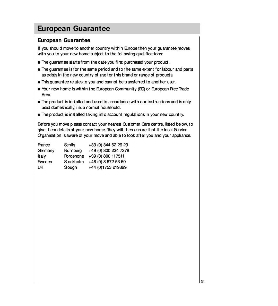 Electrolux FAVORIT 54730 manual European Guarantee 