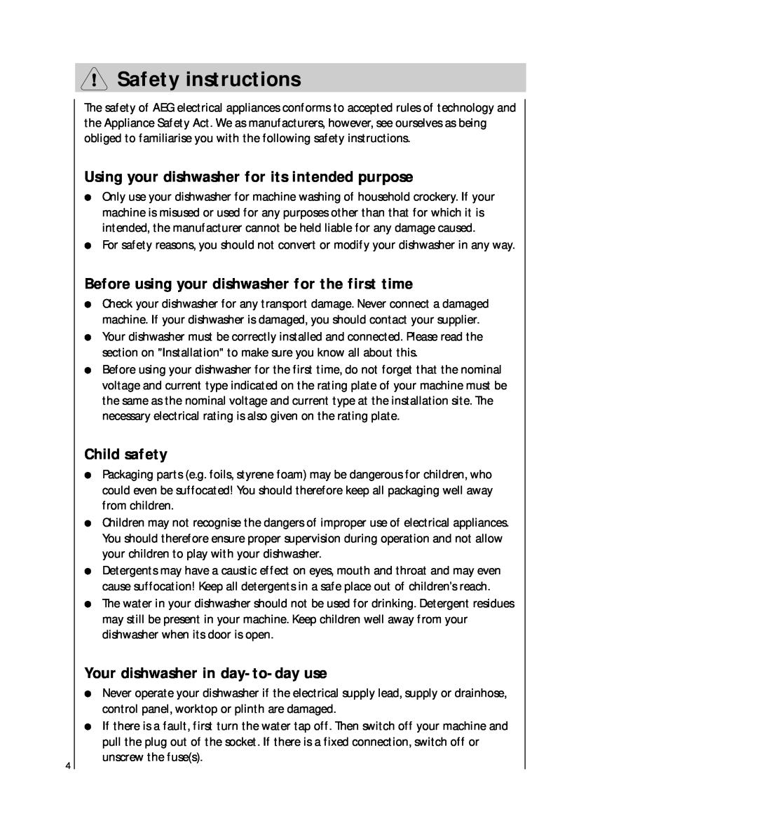 Electrolux FAVORIT 54730 manual Safety instructions, Using your dishwasher for its intended purpose, Child safety 