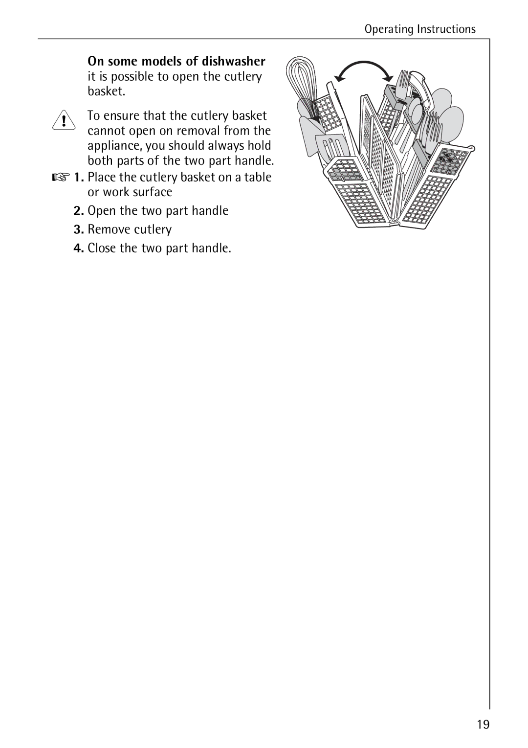 Electrolux FAVORIT 60870 manual Or work surface, Open the two part handle, Remove cutlery Close the two part handle 