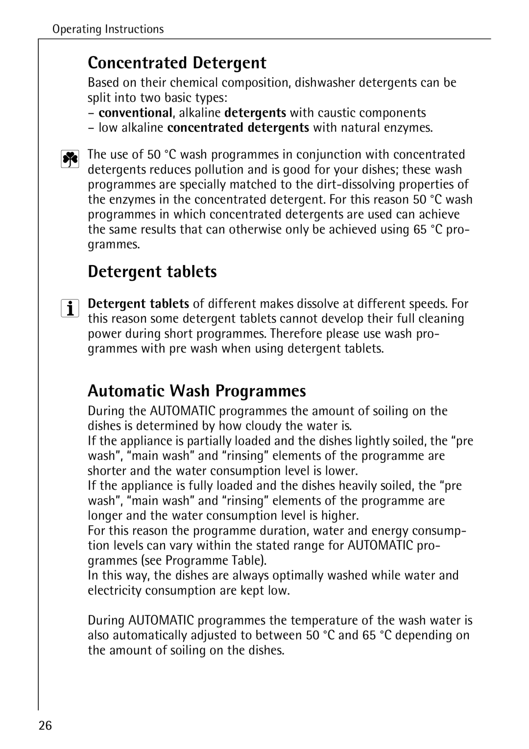 Electrolux FAVORIT 60870 manual Concentrated Detergent, Detergent tablets, Automatic Wash Programmes 