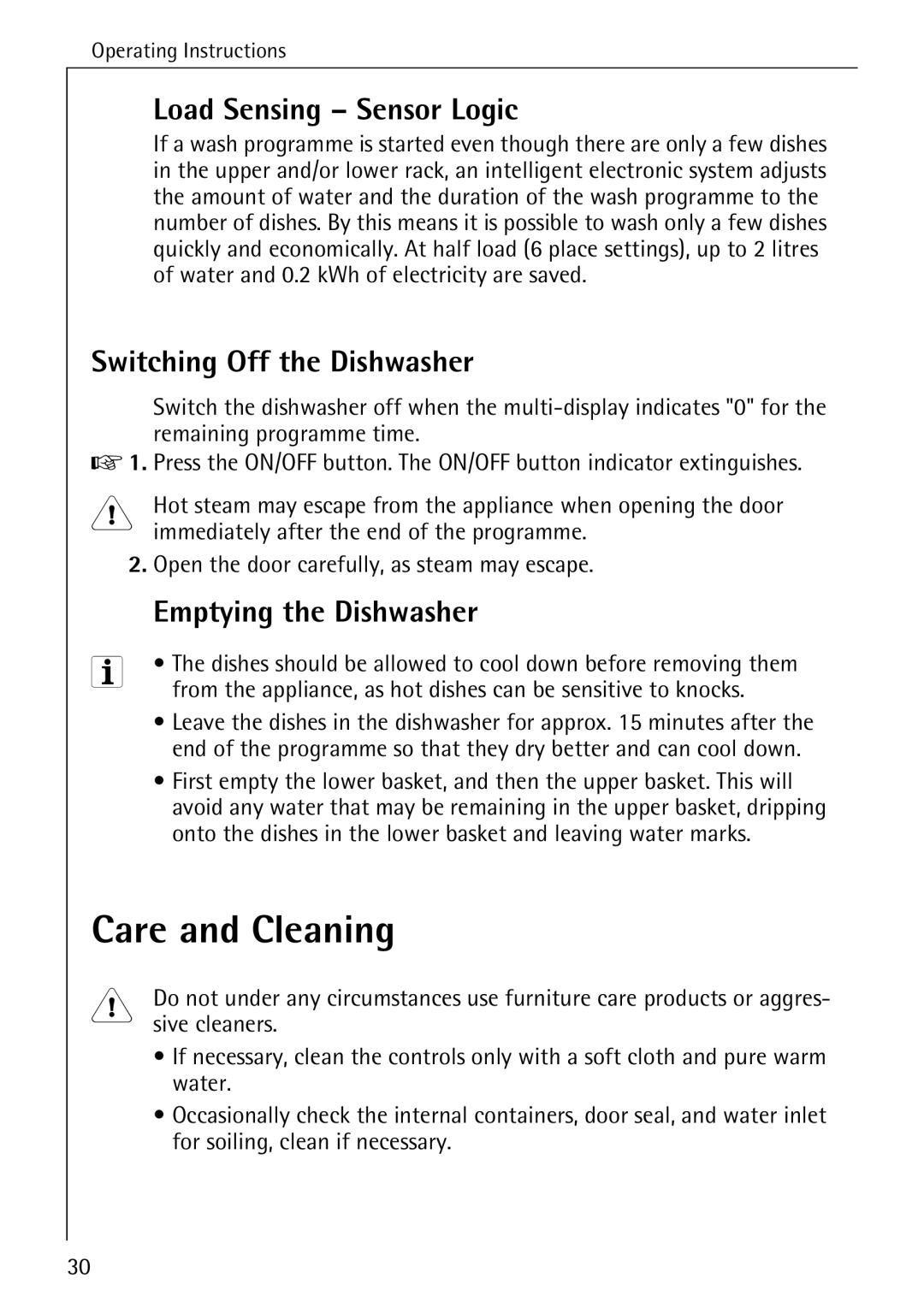 Electrolux FAVORIT 60870 manual Care and Cleaning, Load Sensing Sensor Logic, Switching Off the Dishwasher 