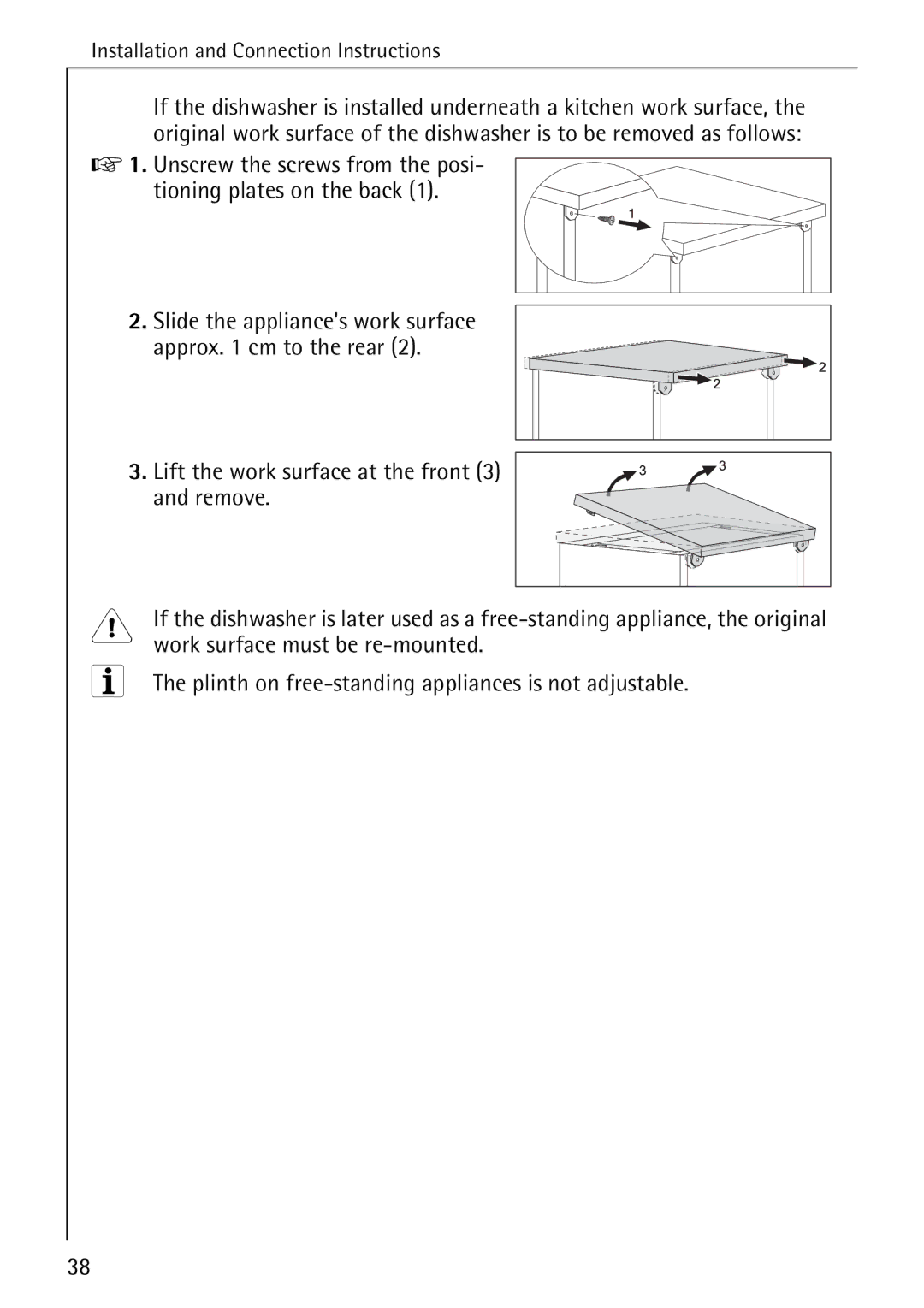 Electrolux FAVORIT 60870 manual Work surface must be re-mounted, Plinth on free-standing appliances is not adjustable 