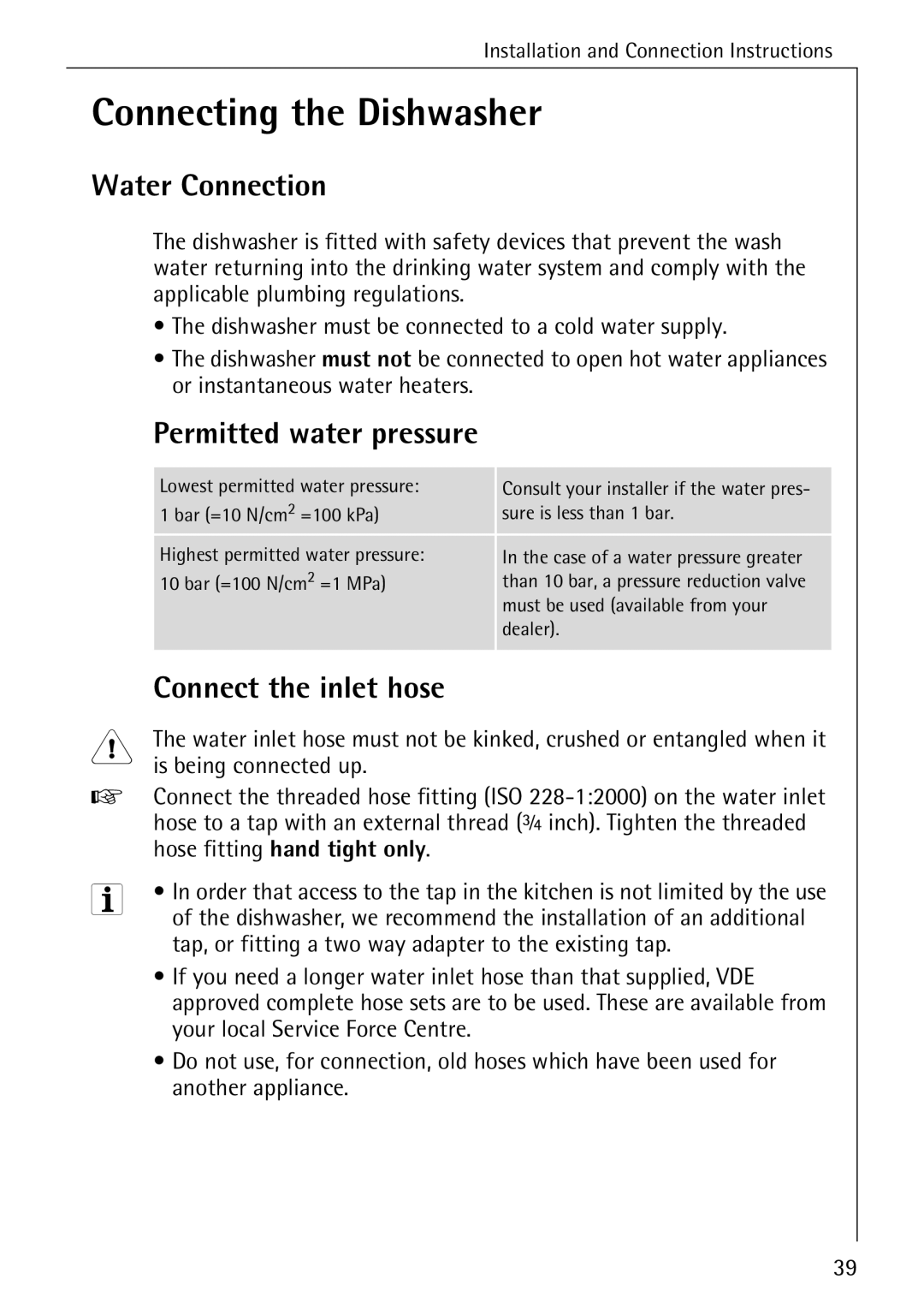 Electrolux FAVORIT 60870 Connecting the Dishwasher, Water Connection, Permitted water pressure, Connect the inlet hose 