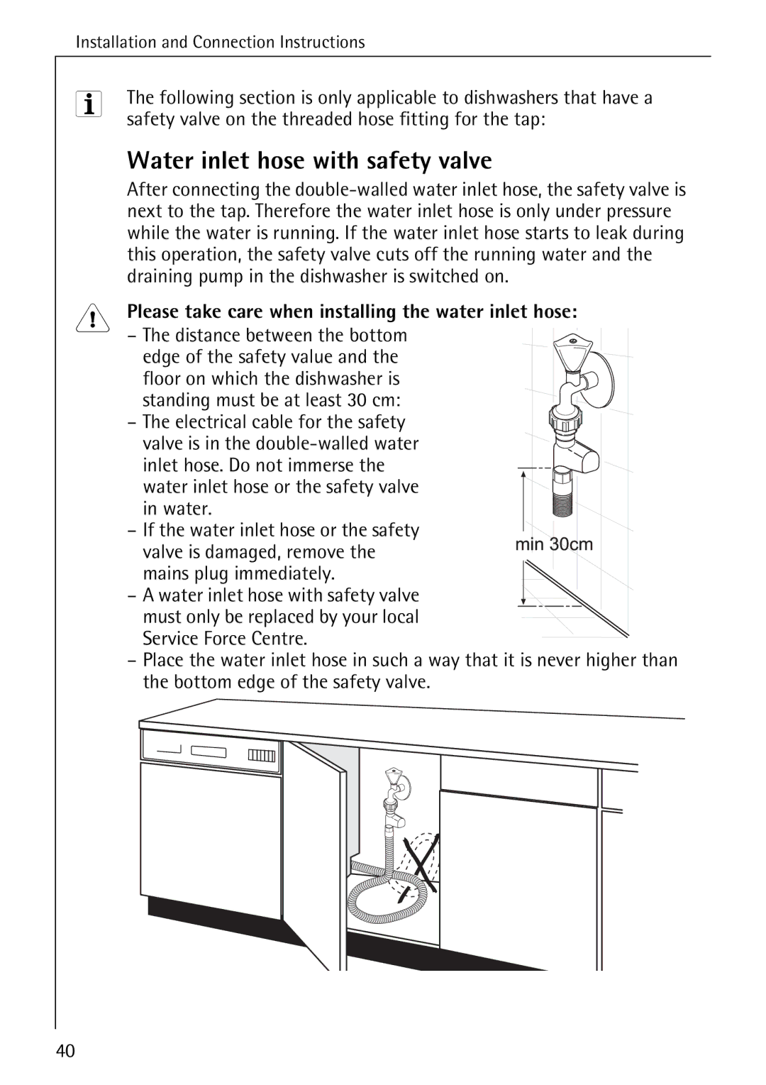 Electrolux FAVORIT 60870 manual Water inlet hose with safety valve, Please take care when installing the water inlet hose 